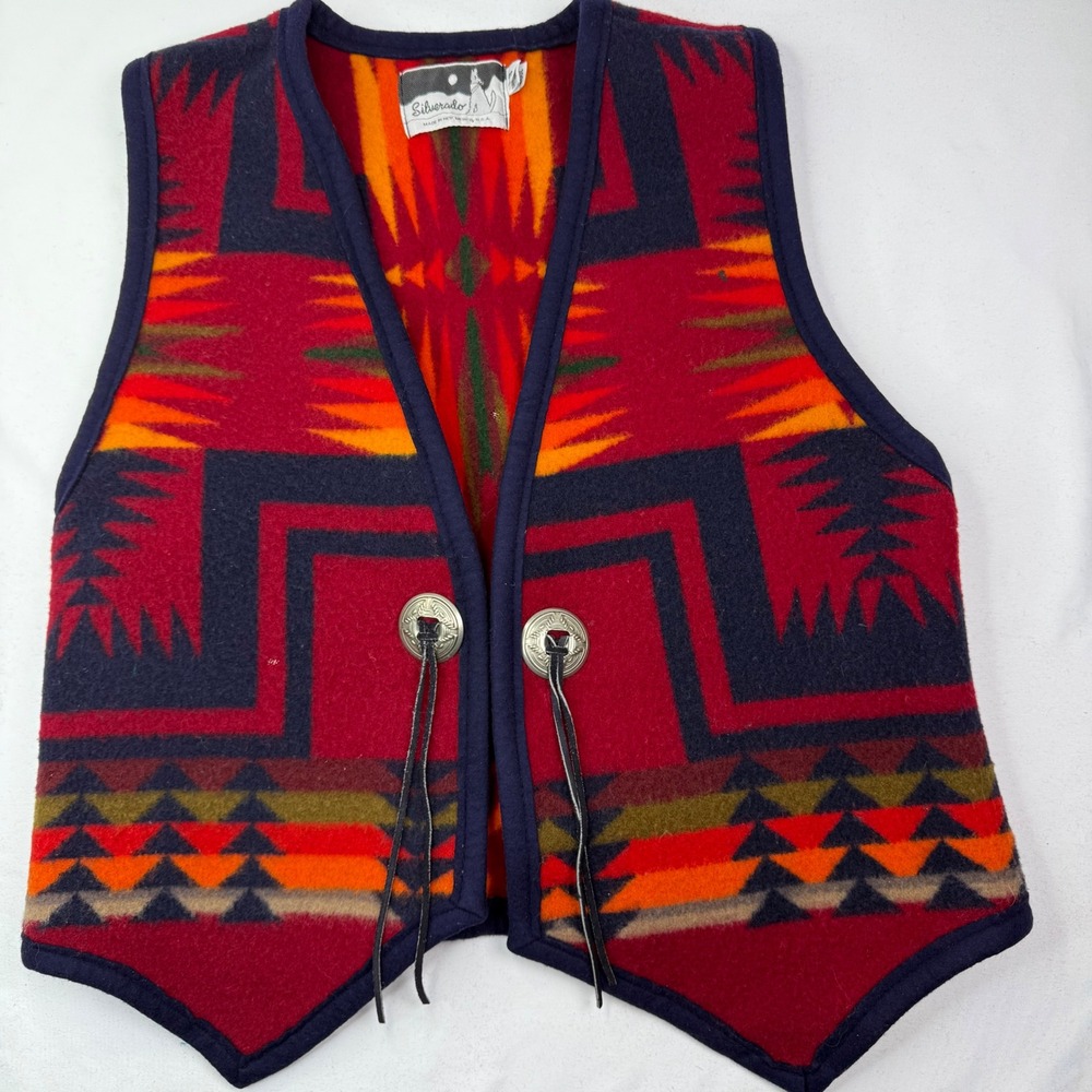 Silverado Wool Southwestern Vest Concho Buttons Red Orange Geometric Small USA